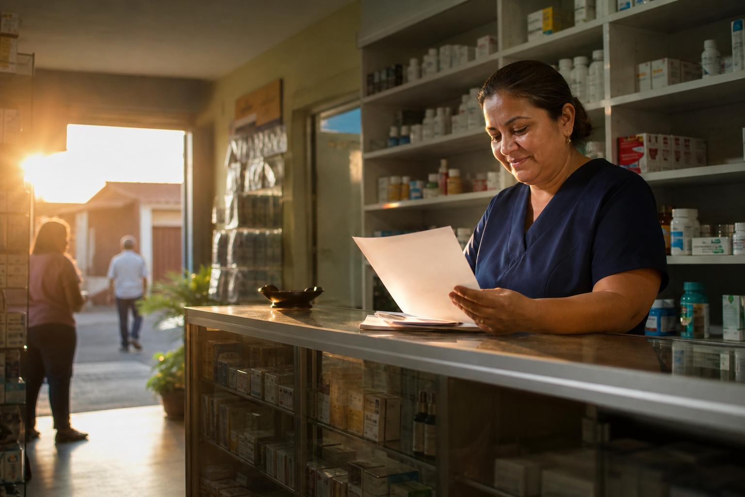 Farmacia independiente ordenada al final del día bajo luz dorada