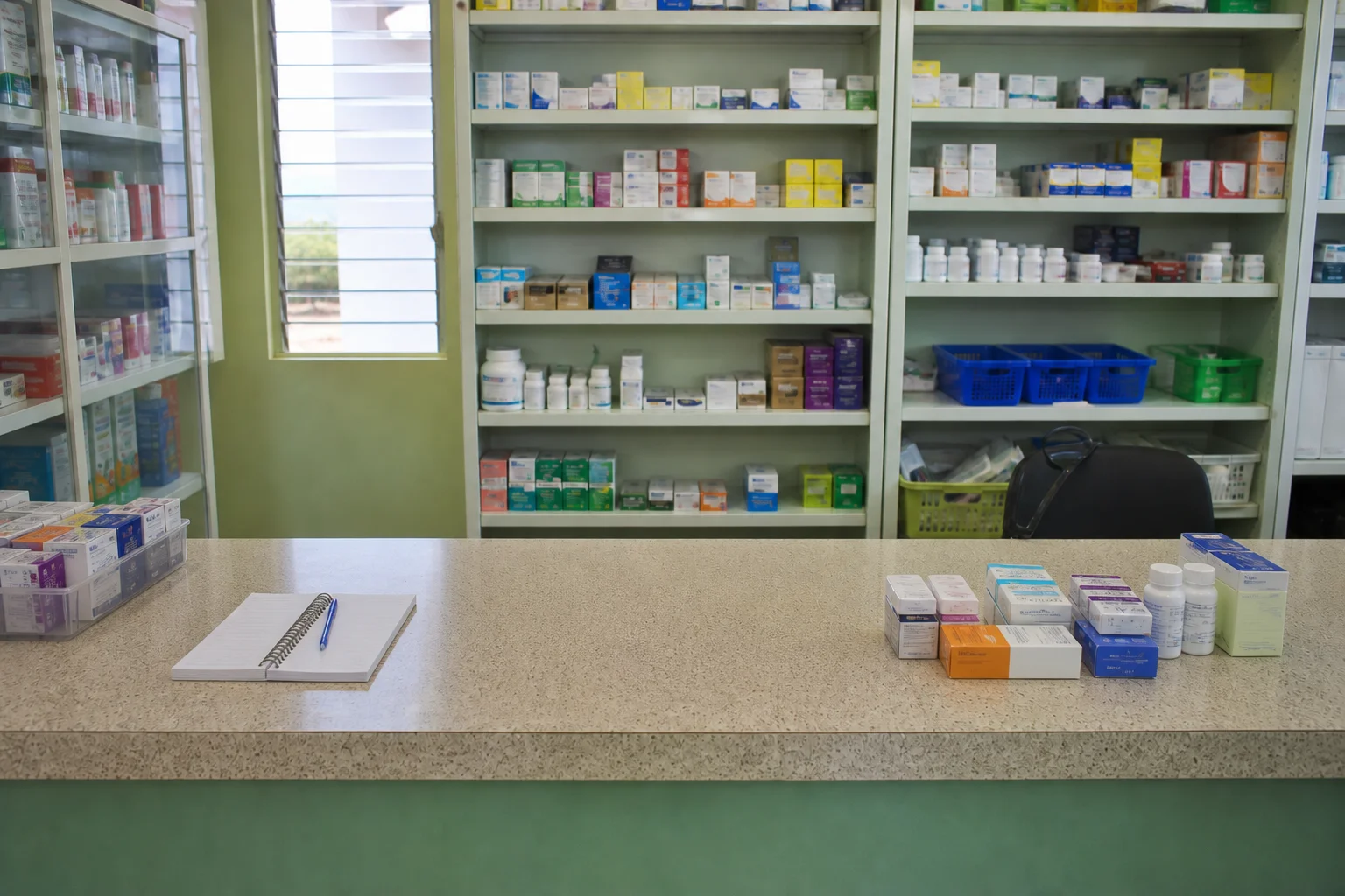 La farmacia independiente después de ordenar su mostrador y exhibición de productos