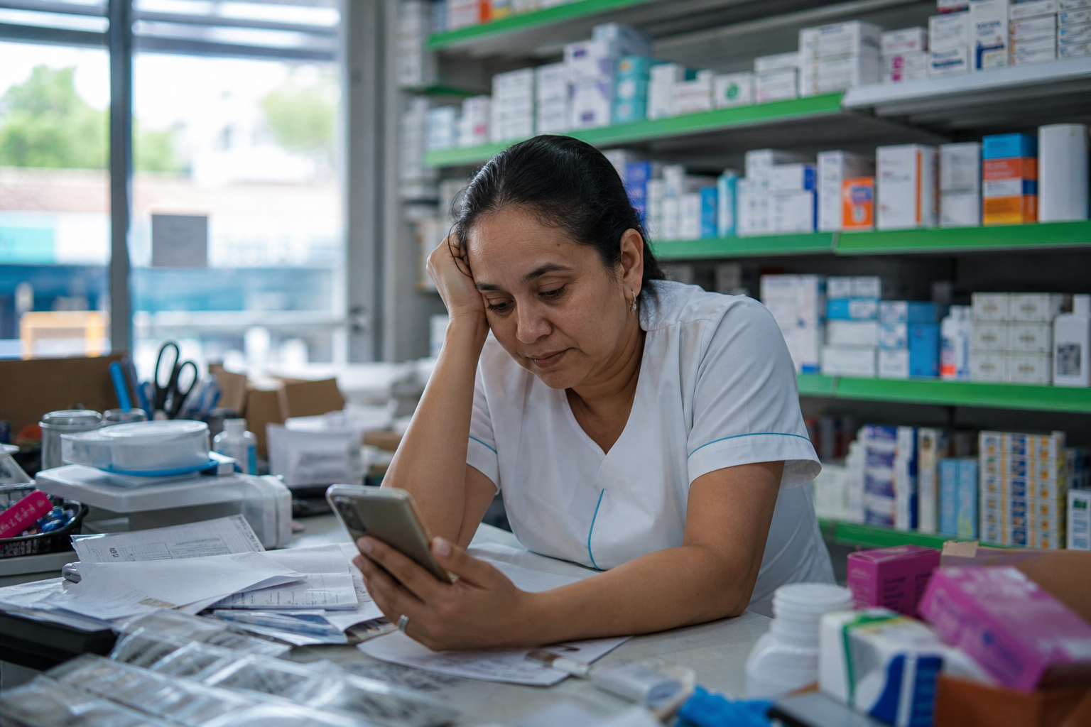 Dueña de farmacia independiente revisando pedidos y notas al final del día