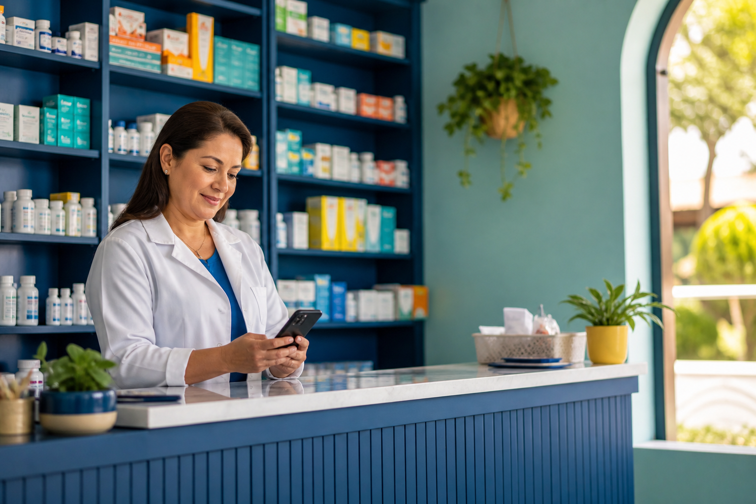 Dueña de farmacia independiente revisando pedidos y ventas en su teléfono al comenzar el día