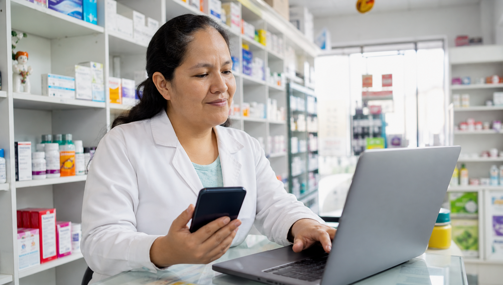 Encargada de farmacia usando FarmaServi con facilidad