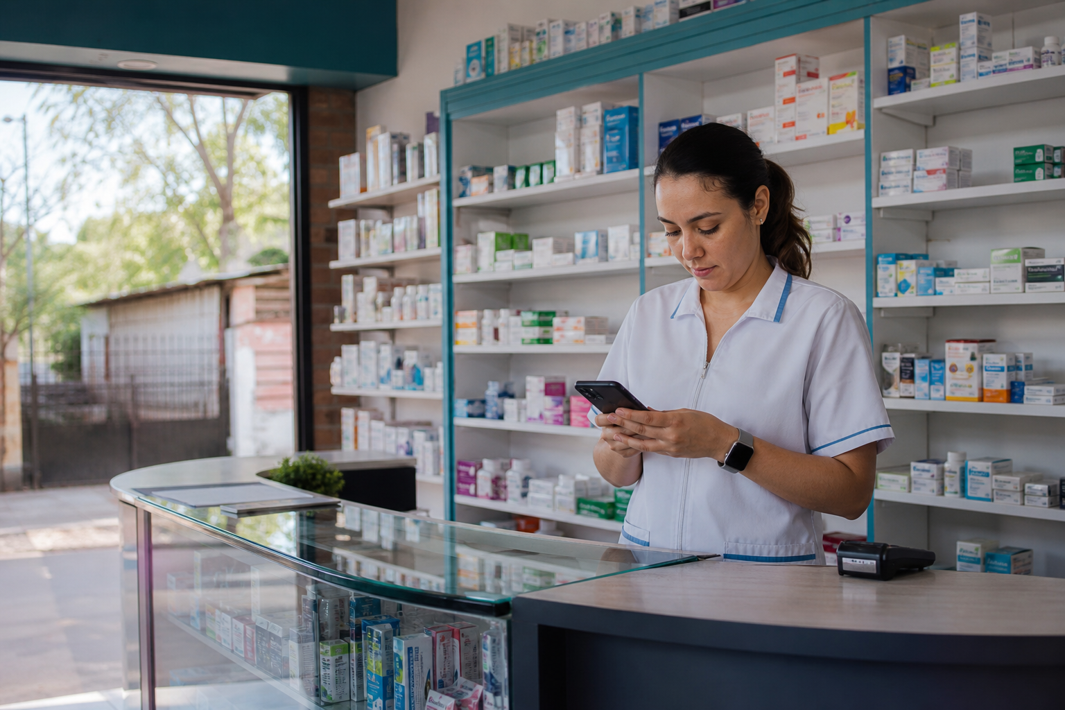 Encargada de farmacia revisando pedidos y ventas en su teléfono